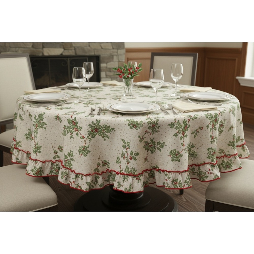 Vintage Holly Berry Christmas Round Tablecloth Cream Red Ruffle 70" Holiday